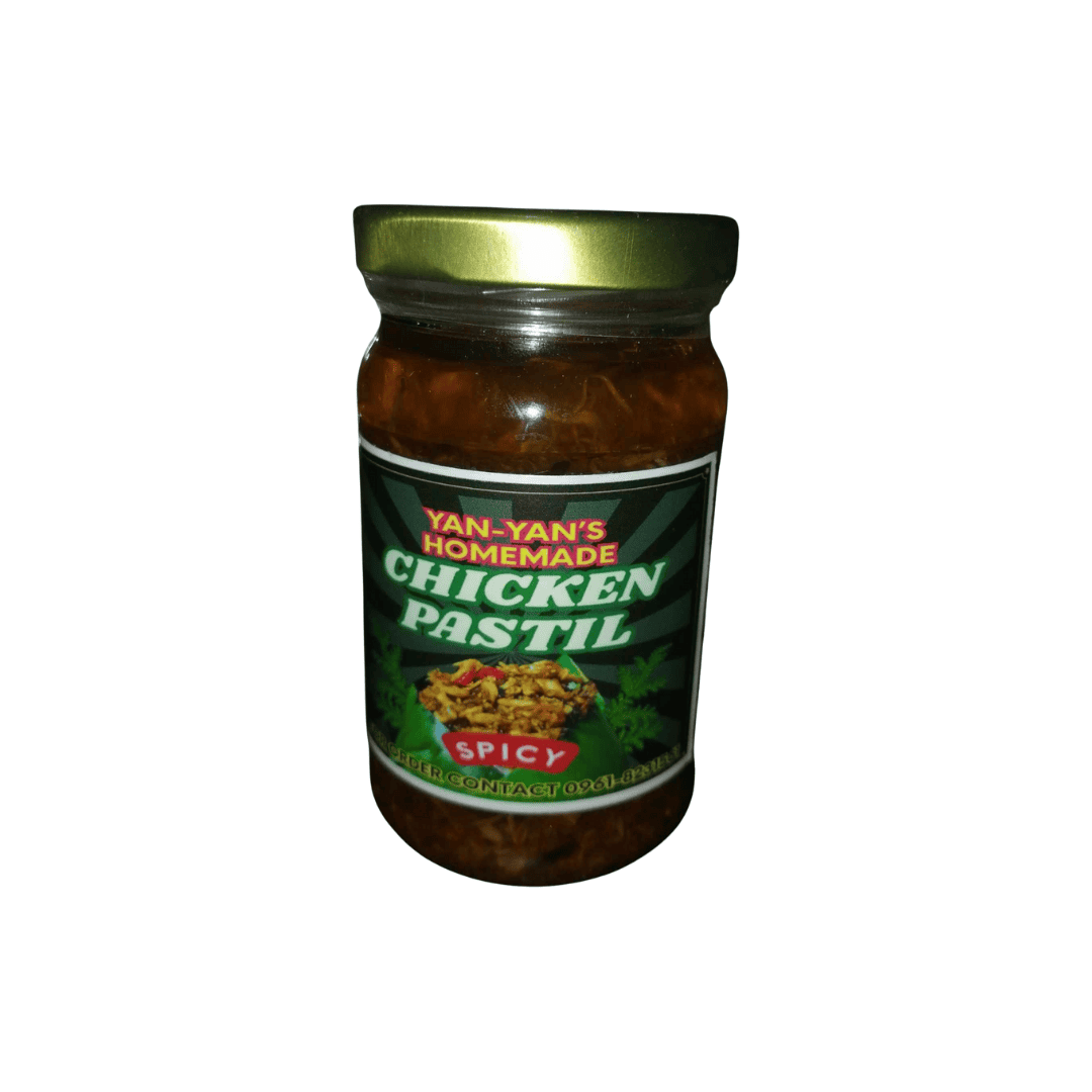 Yan-Yan's Homemade Products Kapampangan chicken pastil in a clear glass jar with green label