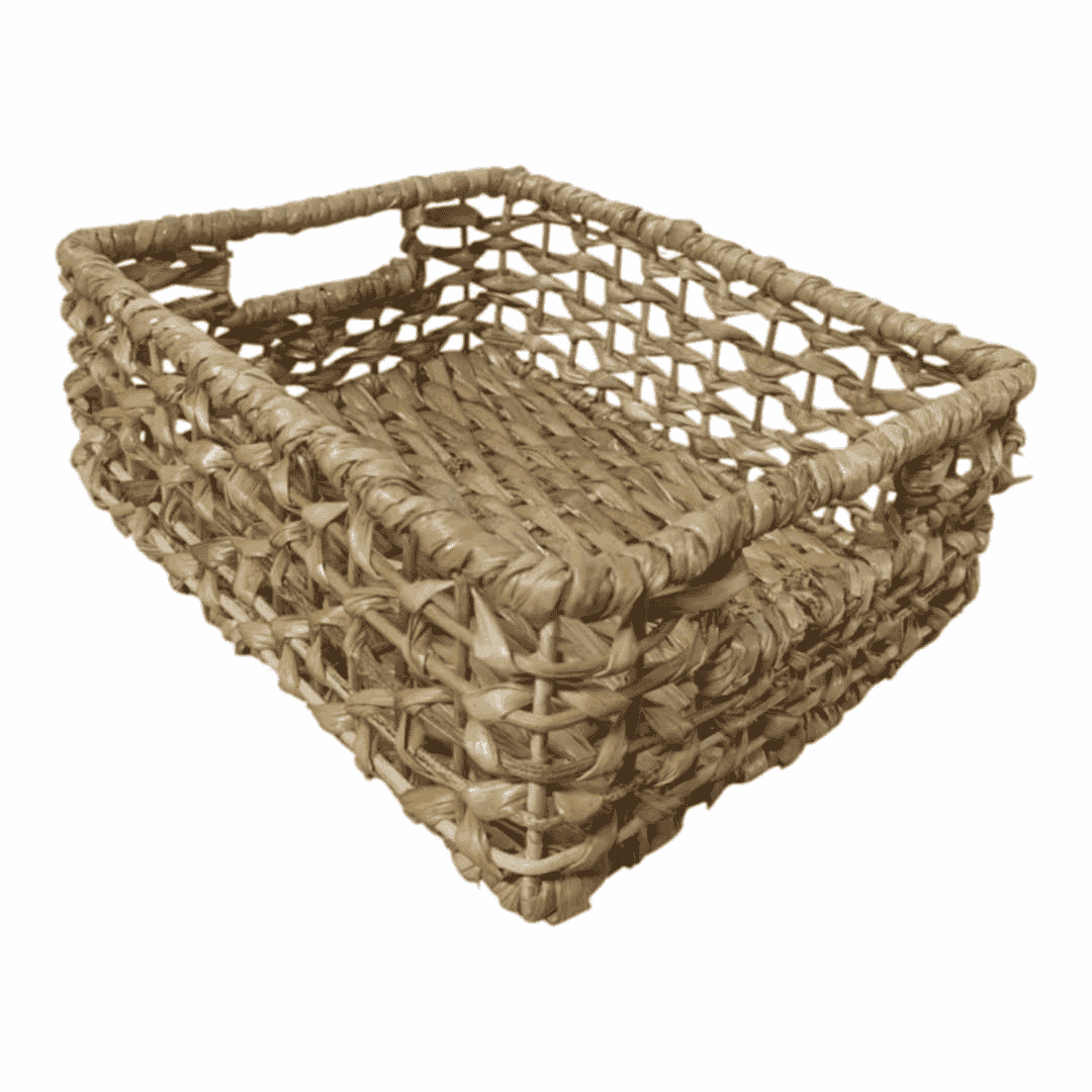 rectangular woven basket tray with hollow handles and thick fibers