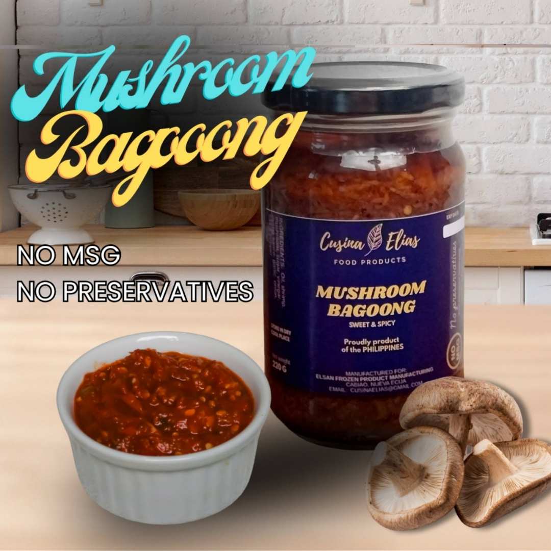 Cusina Elias Mushroom Bagoong in a sealed glass jar with blue label