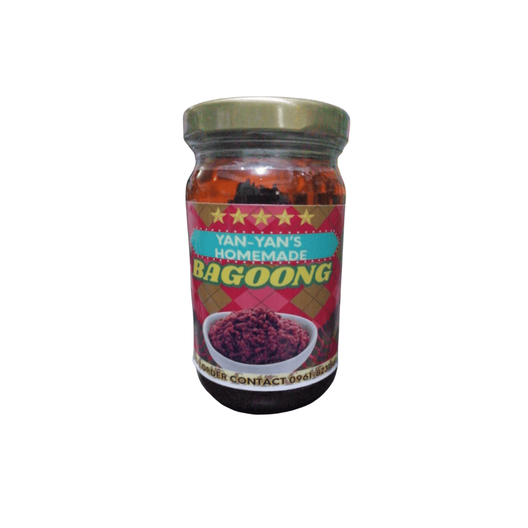 Yan-Yan's Homemade Products spicy shrimp paste (bagoong alamang) in a clear glass bottle with gold lid and red label