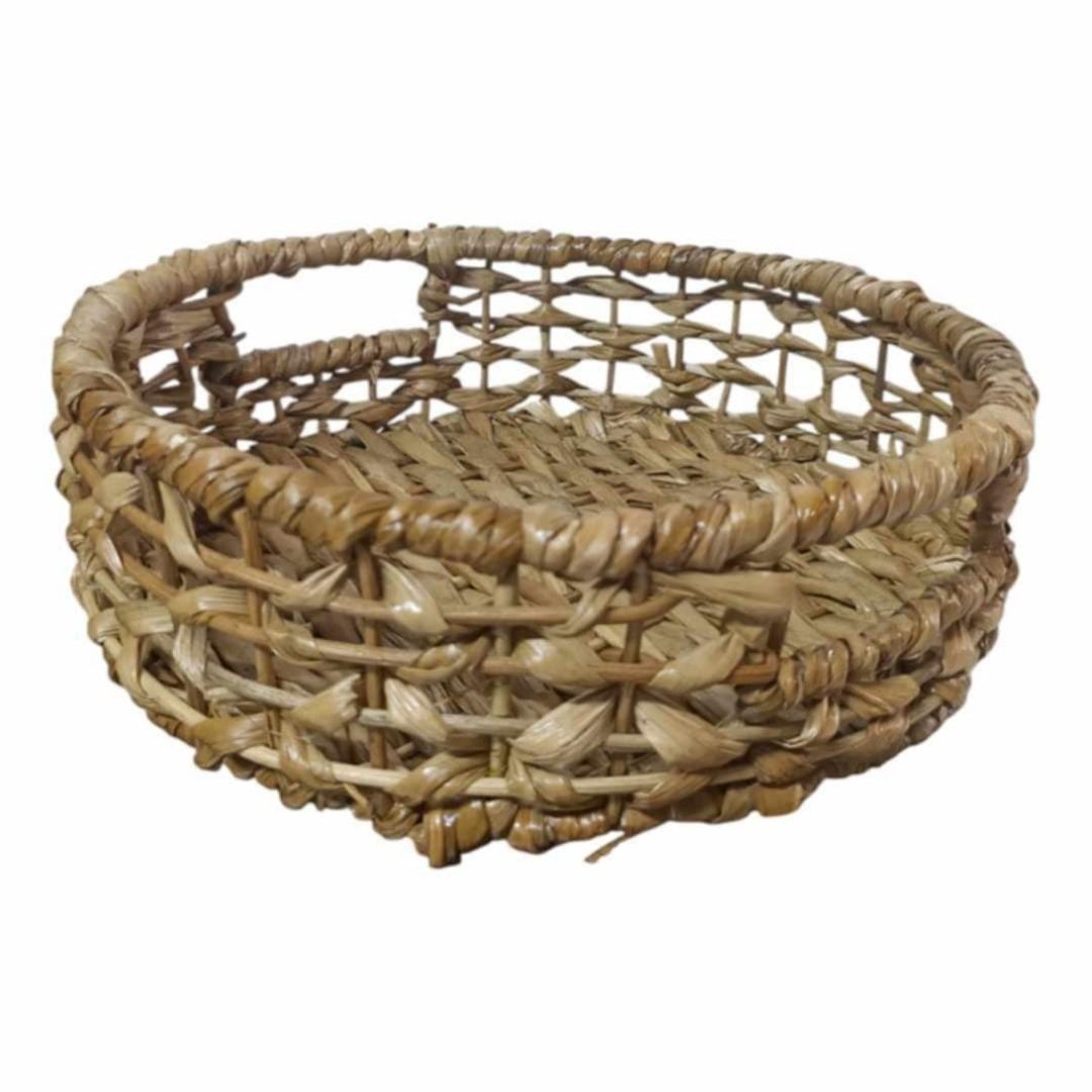 round woven basket tray with hollow handles and thick fibers