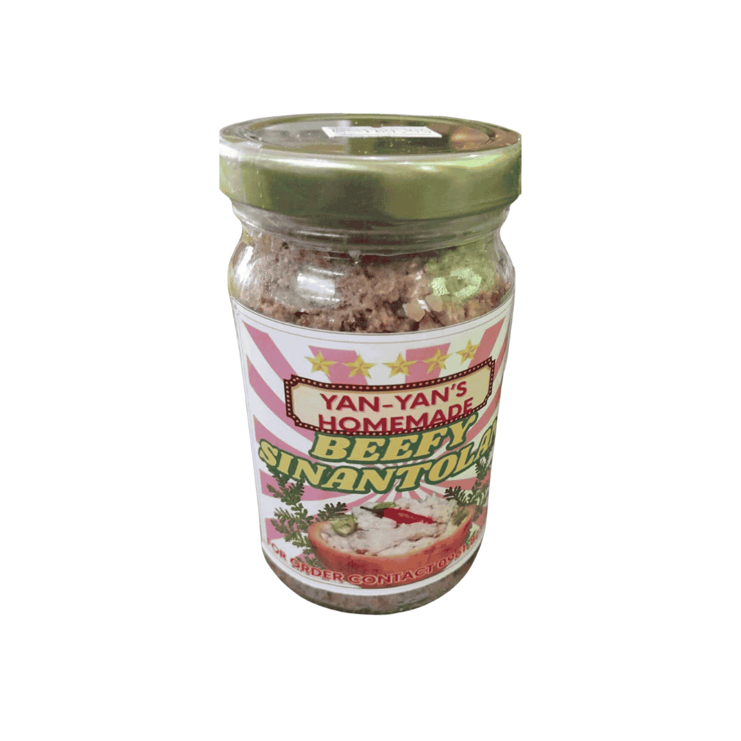 Yan-Yan's Homemade Products homemade beefy sinantolan in a sealed glass bottle with red label