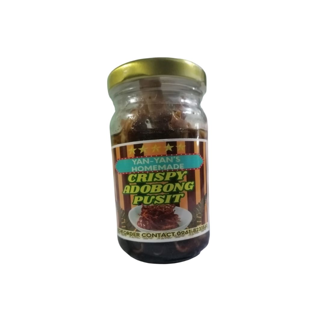 Yan-Yan's Homemade Products 220 ml Crispy Adobong Pusit in a clear glass bottle