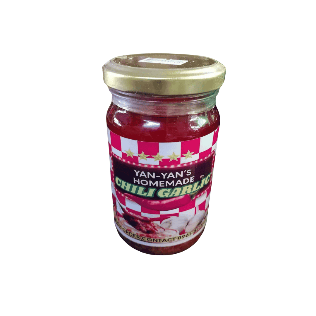 Yan-Yan's Homemade Products 220 ml 120 ml crispy chili garlic bits in a sealed glass jar with gold lid and red label