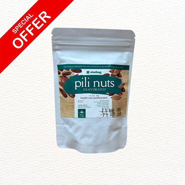 Simbag 80g dehydrated pili nuts in a clear stand up pouch