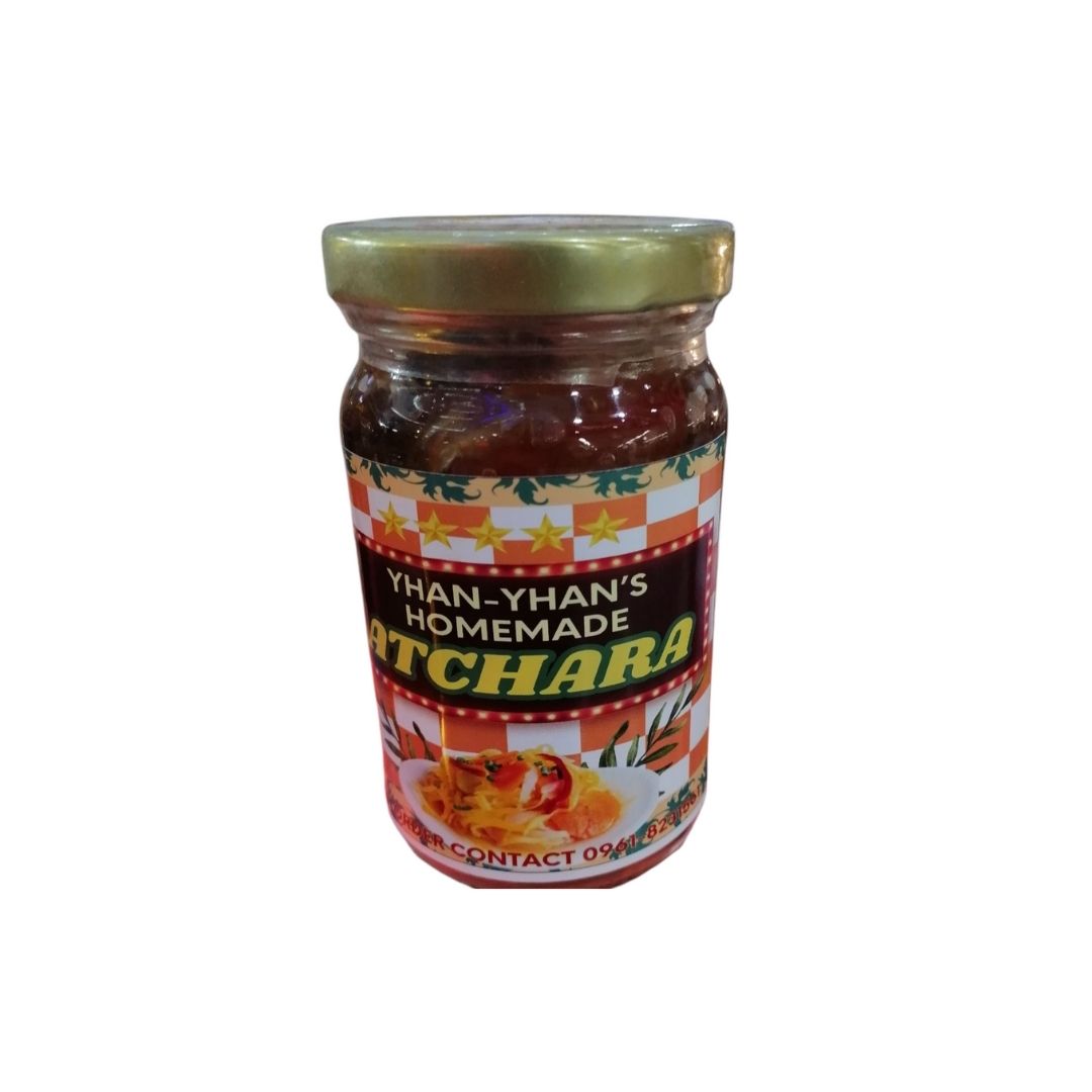 Yan-Yan's Homemade Products 220 ml Atchara in a clear glass bottle