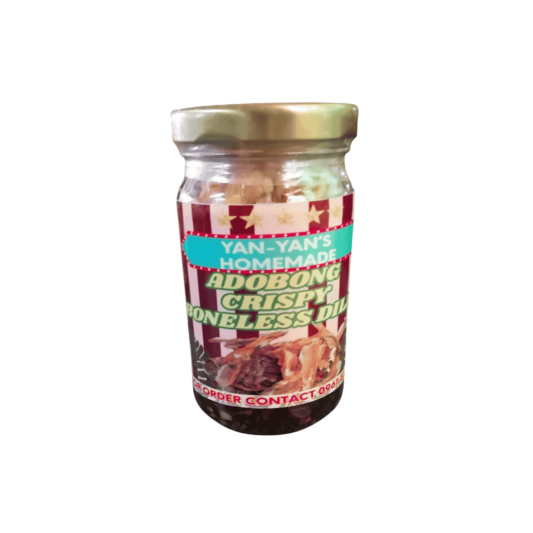Yan-Yan's Homemade Products crispy boneless anchovies (dilis) in adobo sauce in a clear glass jar with gold lid and red label
